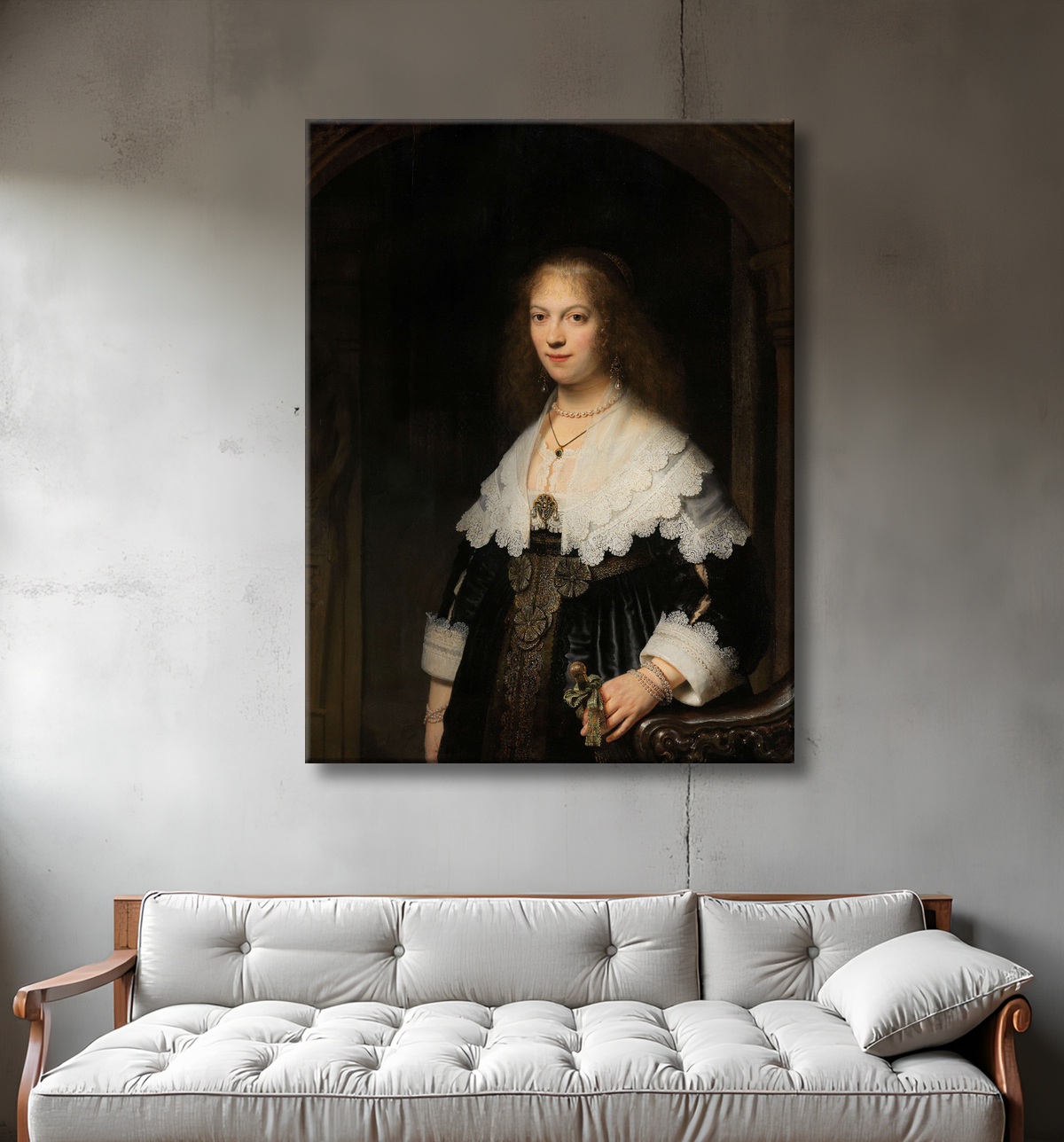 Reproduction Portrait de femme, peut-être Maria Trip de Rembrandt van Rijn avec decor