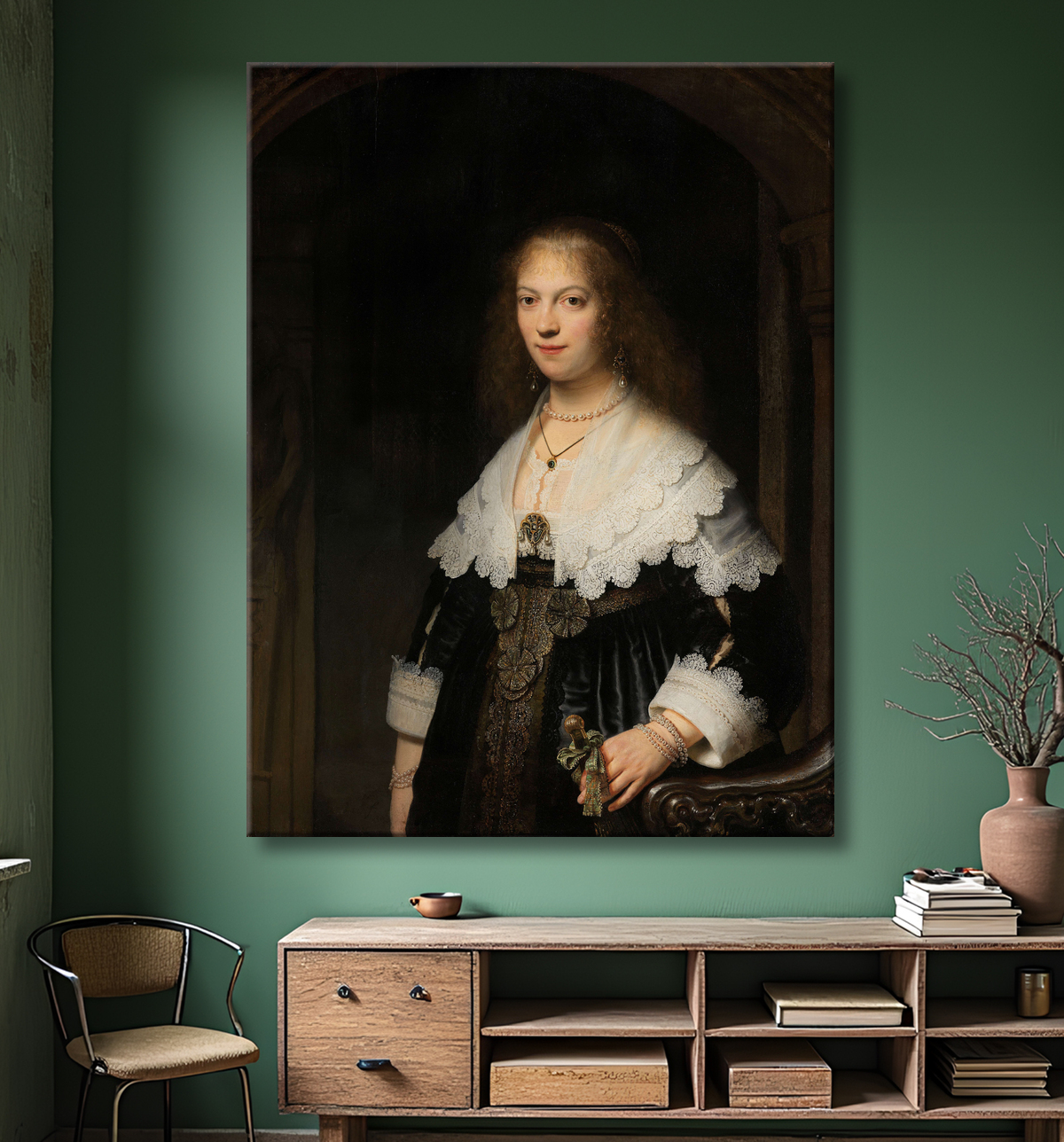 Reproduction Portrait de femme, peut-être Maria Trip de Rembrandt van Rijn avec decor
