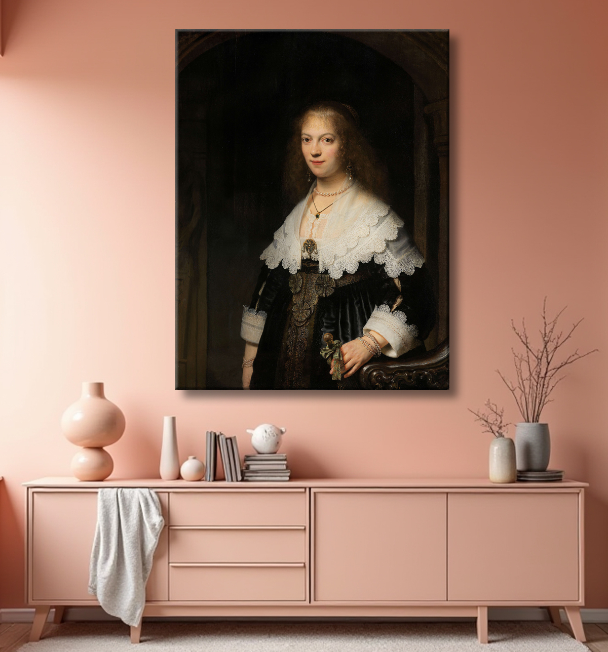 Reproduction Portrait de femme, peut-être Maria Trip de Rembrandt van Rijn avec decor