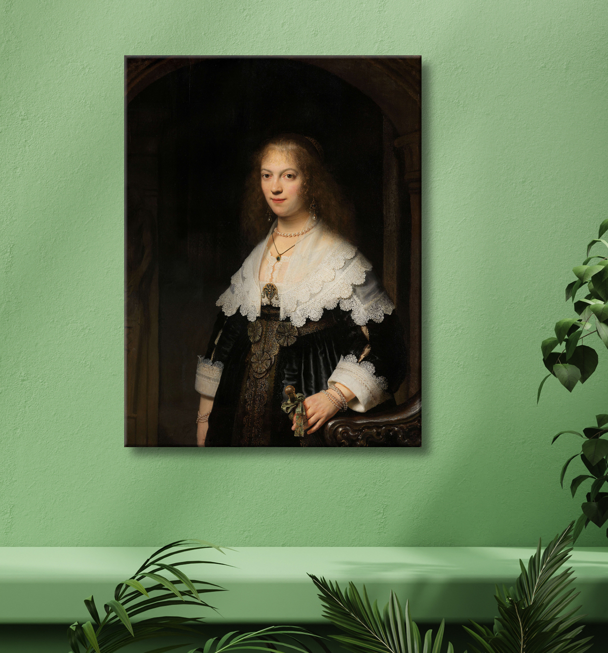 Reproduction Portrait de femme, peut-être Maria Trip de Rembrandt van Rijn avec decor