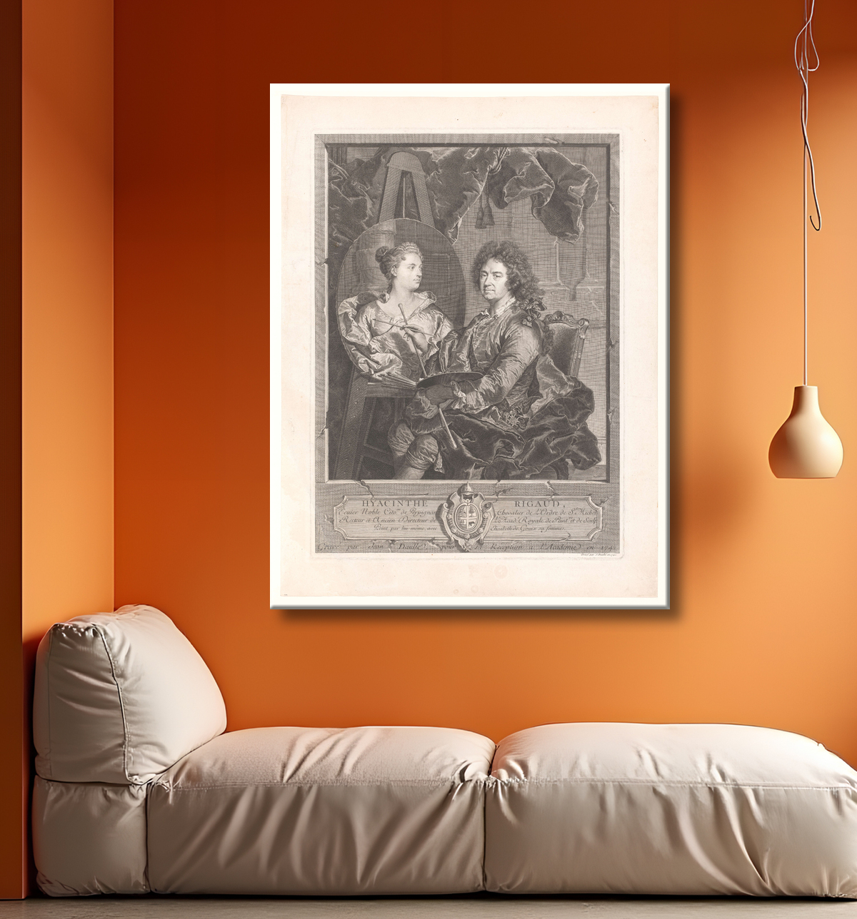 Reproduction Portrait de Hyacinthe Rigaud à son chevalet de Jean Daullé avec decor