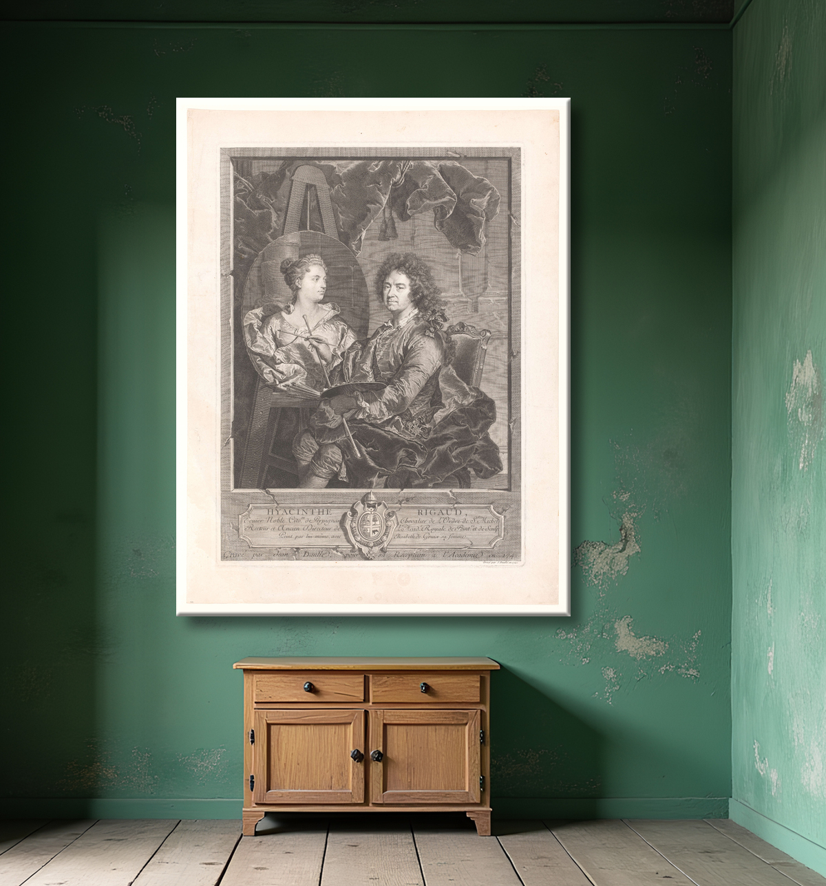 Reproduction Portrait de Hyacinthe Rigaud à son chevalet de Jean Daullé avec decor