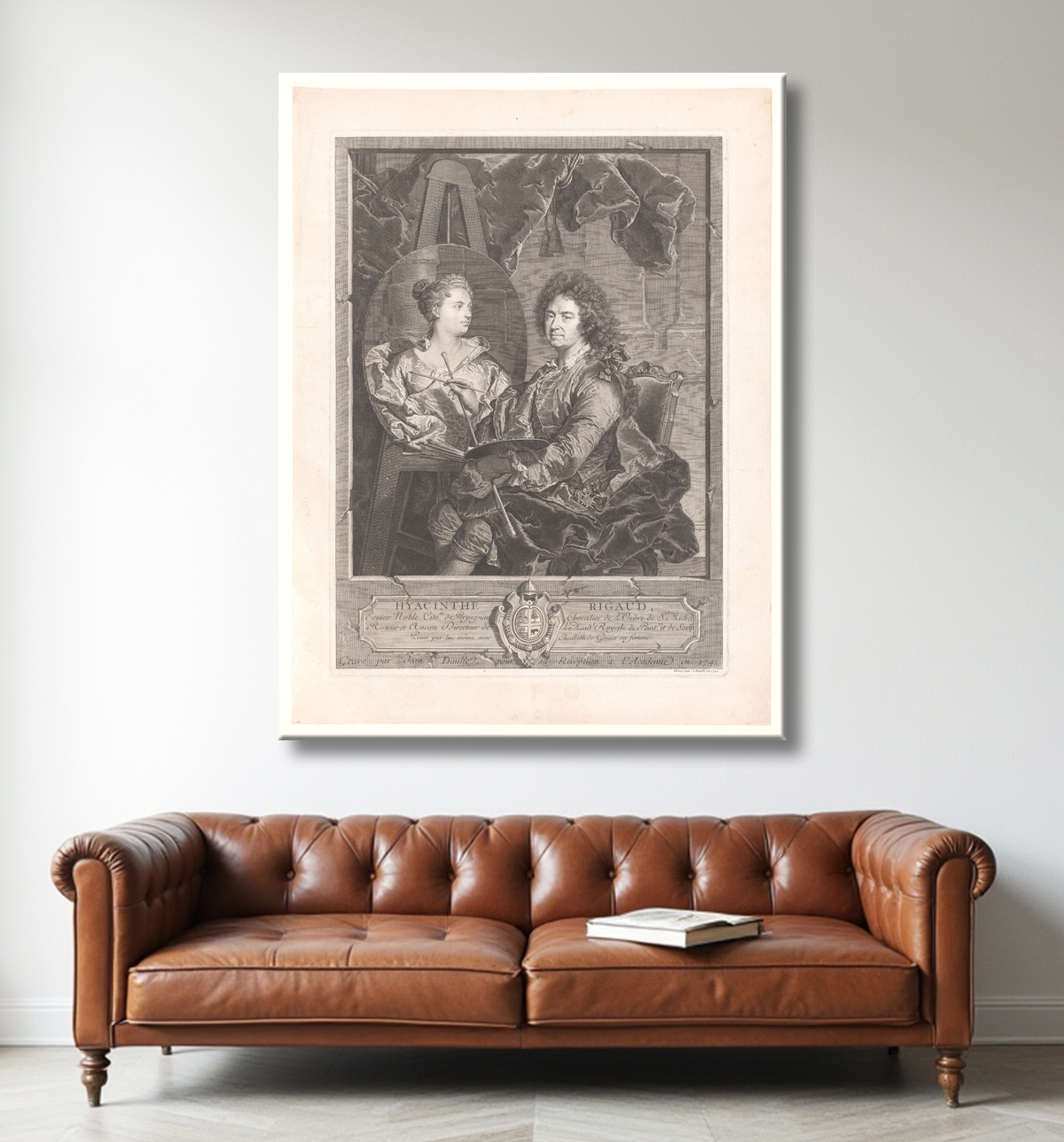 Reproduction Portrait de Hyacinthe Rigaud à son chevalet de Jean Daullé avec decor