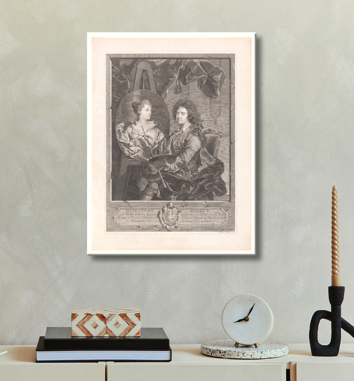 Reproduction Portrait de Hyacinthe Rigaud à son chevalet de Jean Daullé avec decor
