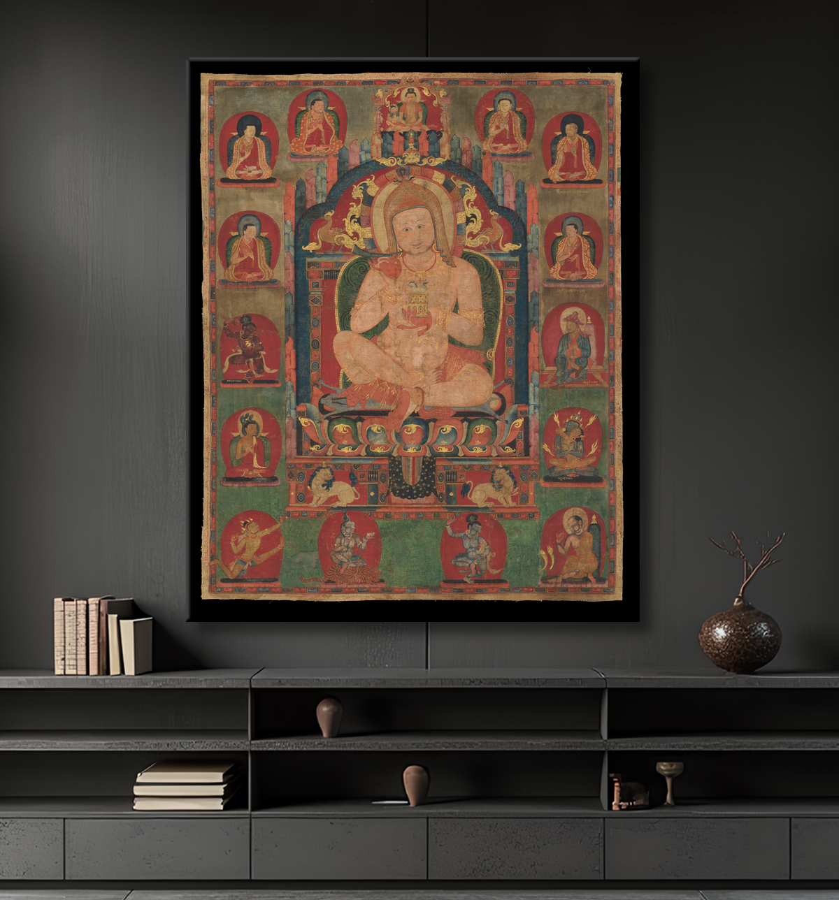 Reproduction Portrait de Jnanatapa assisté par des lamas et des mahasiddhas avec decor