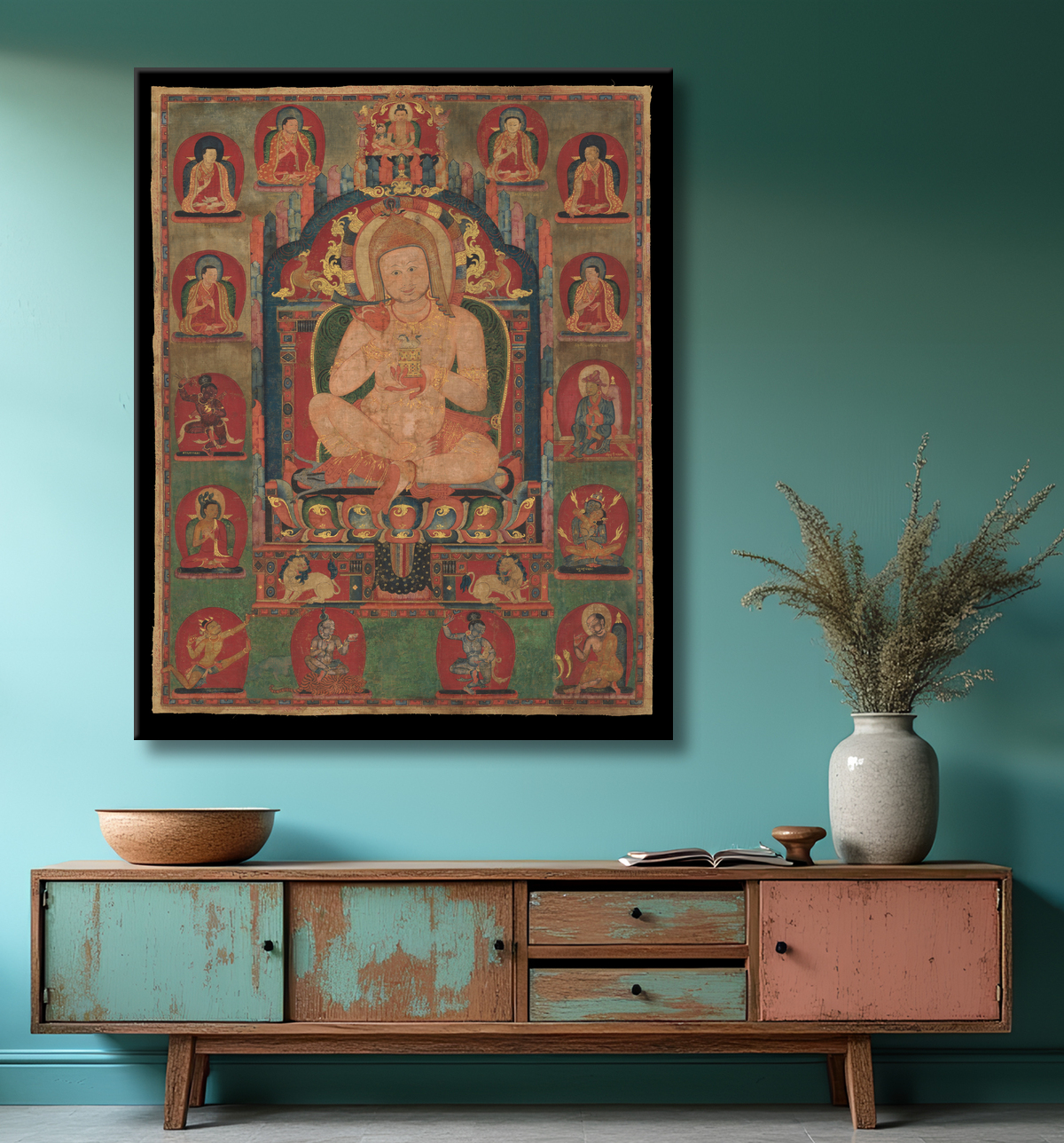 Reproduction Portrait de Jnanatapa assisté par des lamas et des mahasiddhas avec decor