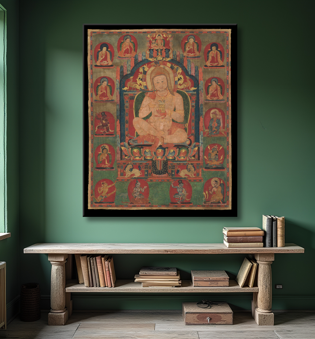 Reproduction Portrait de Jnanatapa assisté par des lamas et des mahasiddhas avec decor