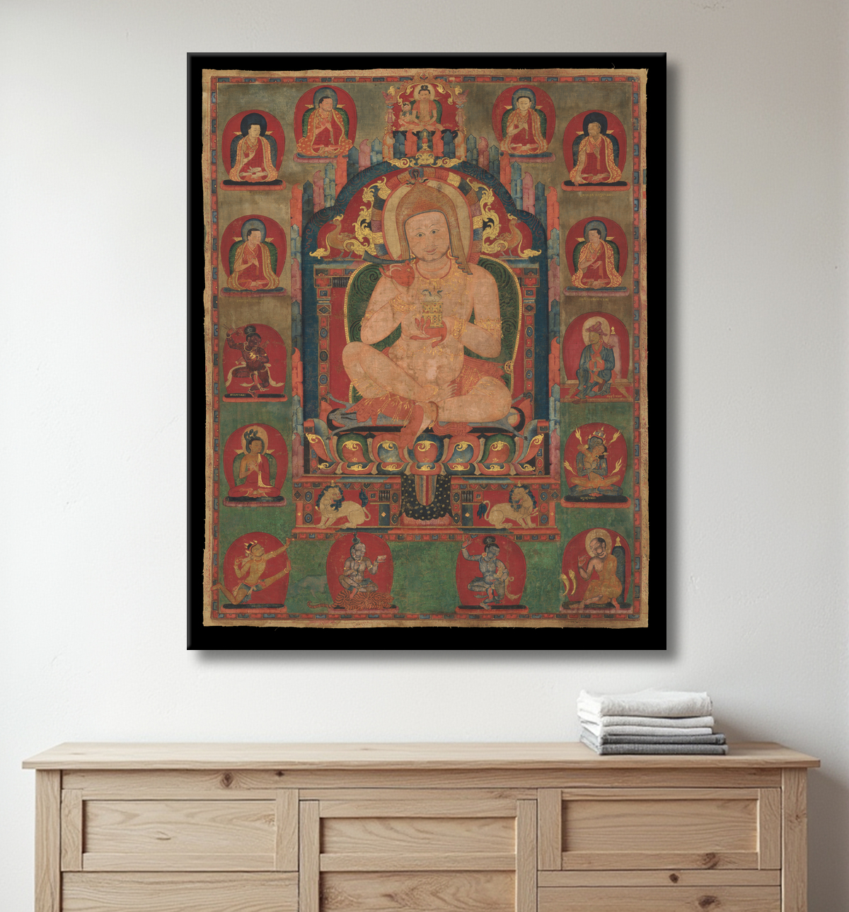 Reproduction Portrait de Jnanatapa assisté par des lamas et des mahasiddhas avec decor