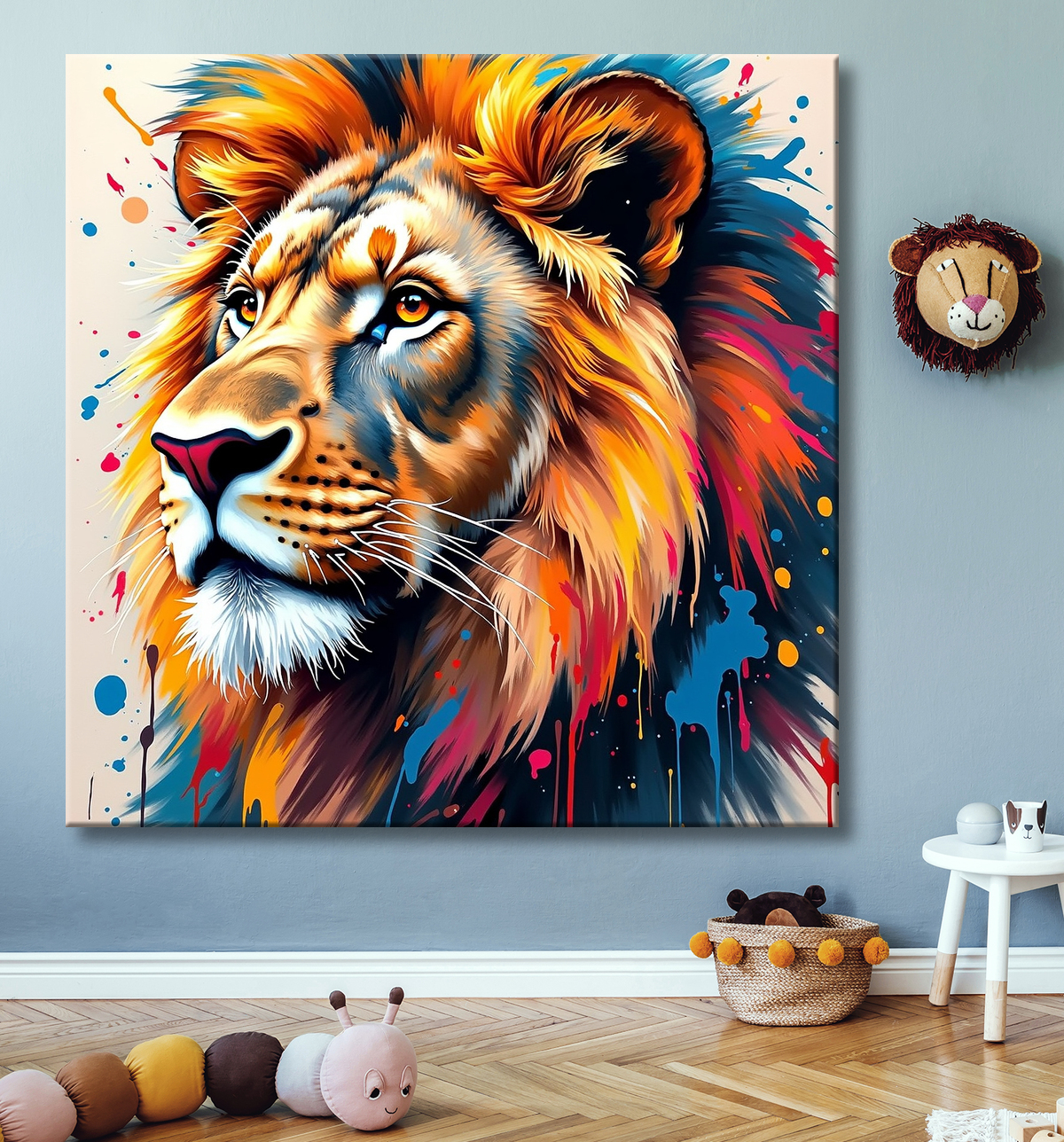 Tableau portrait de lion avec éclats de peinture avec decor