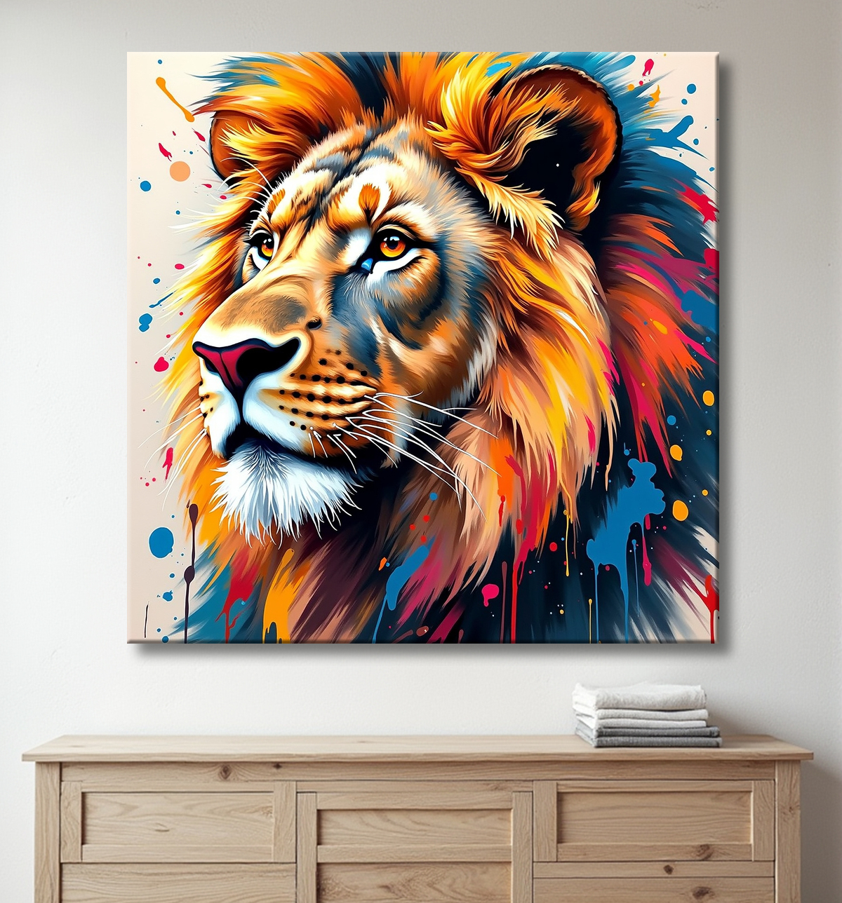 Tableau portrait de lion avec éclats de peinture avec decor