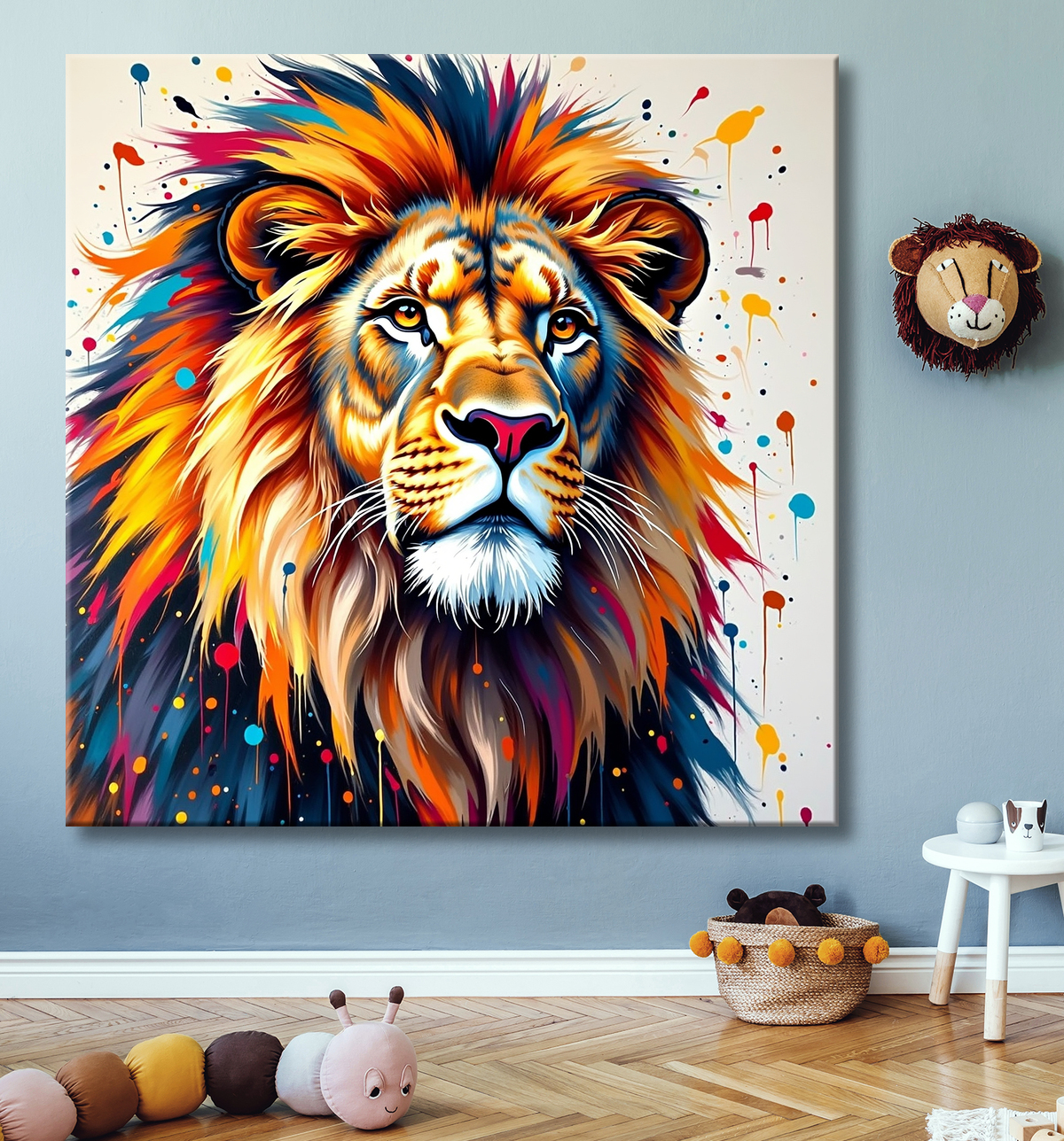 Tableau portrait de lion avec éclats de peinture avec decor