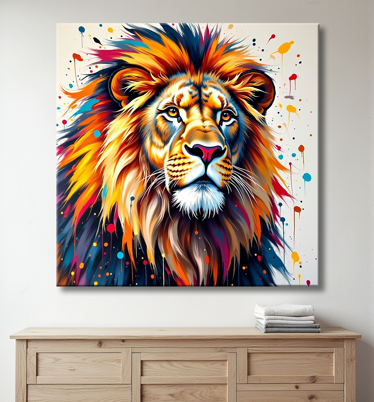 Tableau portrait de lion avec éclats de peinture avec decor