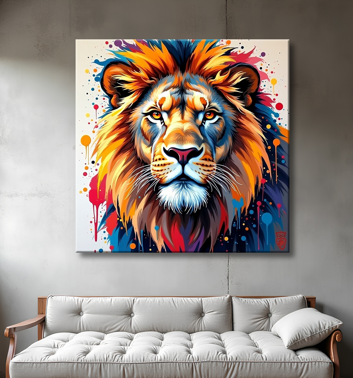 Tableau portrait de lion avec éclats de peinture avec decor