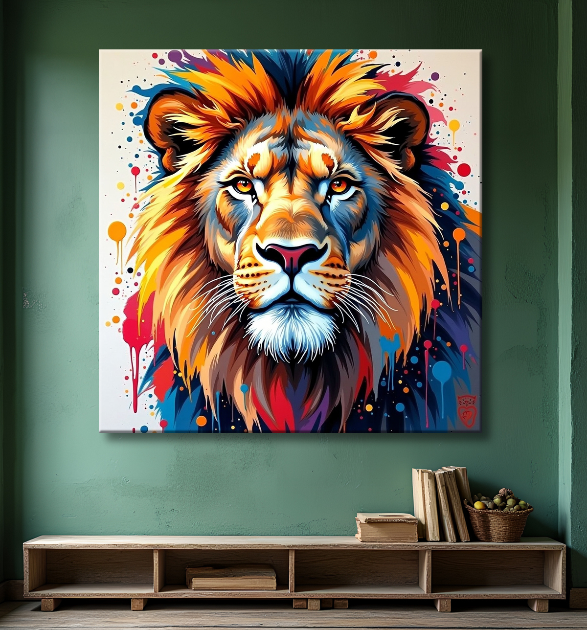 Tableau portrait de lion avec éclats de peinture avec decor