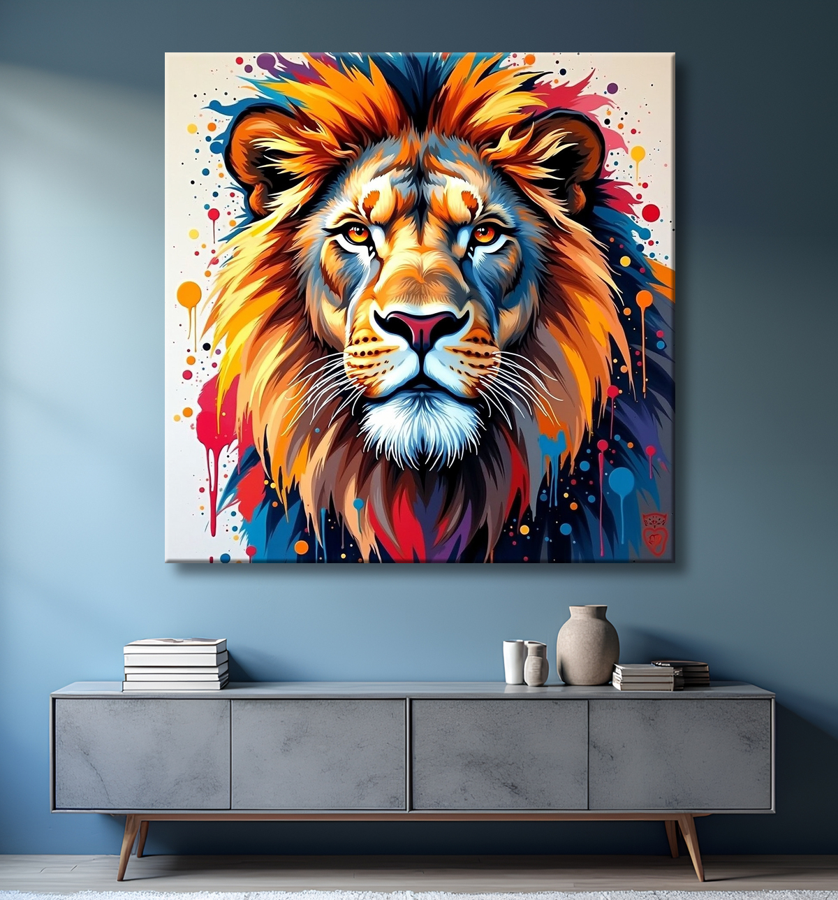 Tableau portrait de lion avec éclats de peinture avec decor