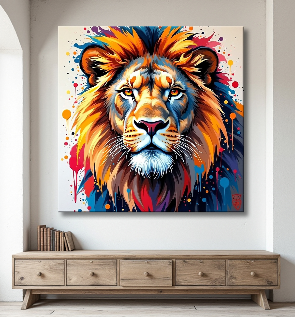 Tableau portrait de lion avec éclats de peinture avec decor