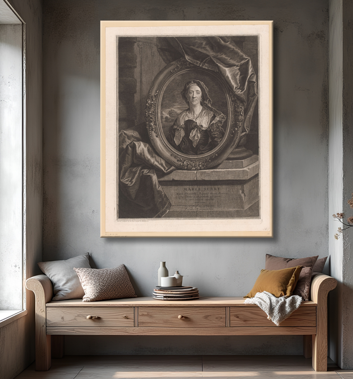 Reproduction Portrait de Maria Serre, mère de Hyacinthe Rigaud de Pierre Drevet avec decor