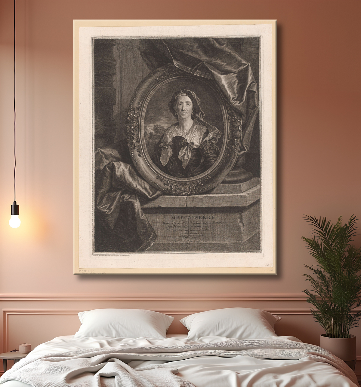 Reproduction Portrait de Maria Serre, mère de Hyacinthe Rigaud de Pierre Drevet avec decor