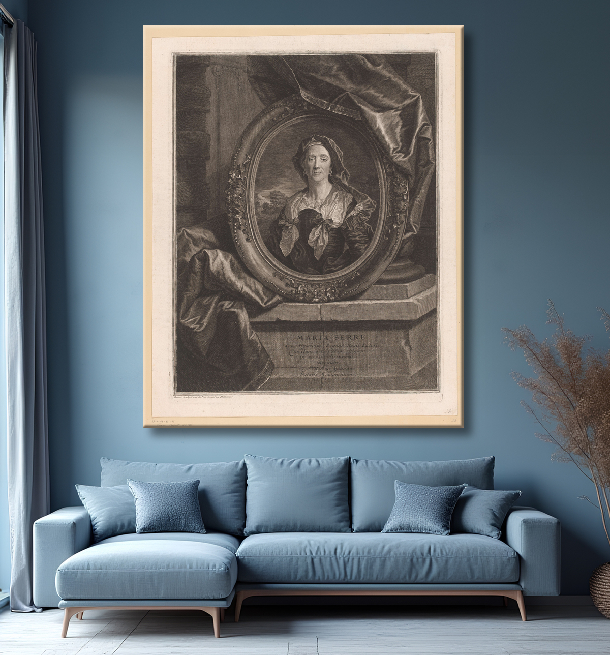 Reproduction Portrait de Maria Serre, mère de Hyacinthe Rigaud de Pierre Drevet avec decor