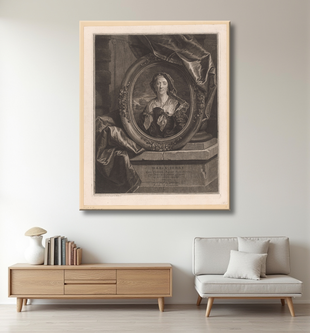 Reproduction Portrait de Maria Serre, mère de Hyacinthe Rigaud de Pierre Drevet avec decor