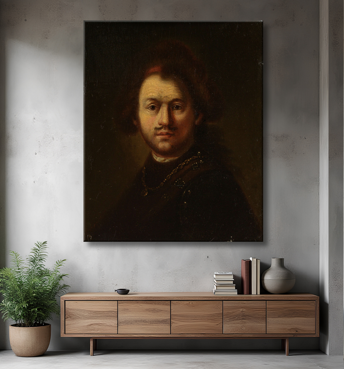 Reproduction Portrait de Rembrandt Harmensz. du Rhin de Rembrandt van Rijn avec decor