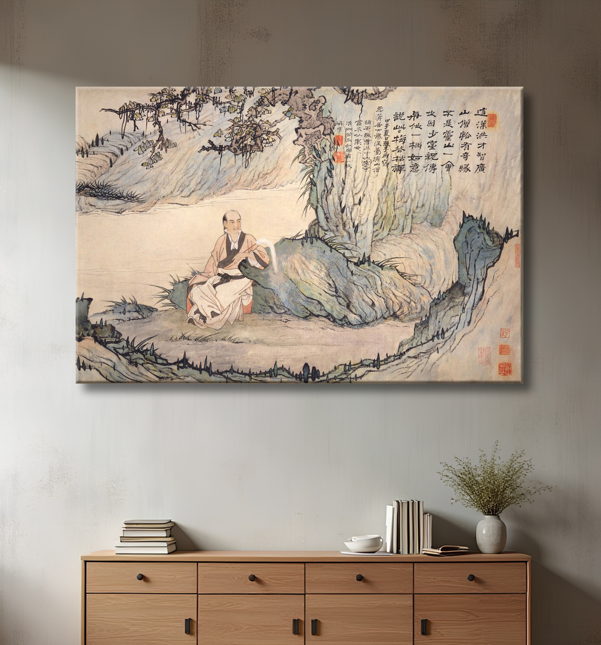 Reproduction Portrait de Ren'an dans un paysage de Shitao (Zhu Ruoji) avec decor