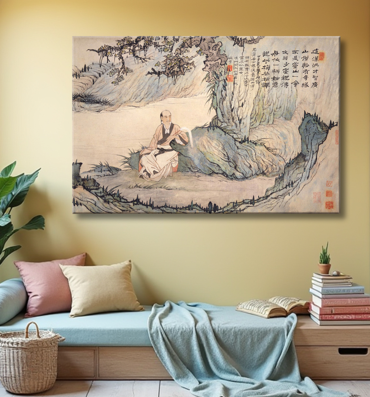 Reproduction Portrait de Ren'an dans un paysage de Shitao (Zhu Ruoji) avec decor