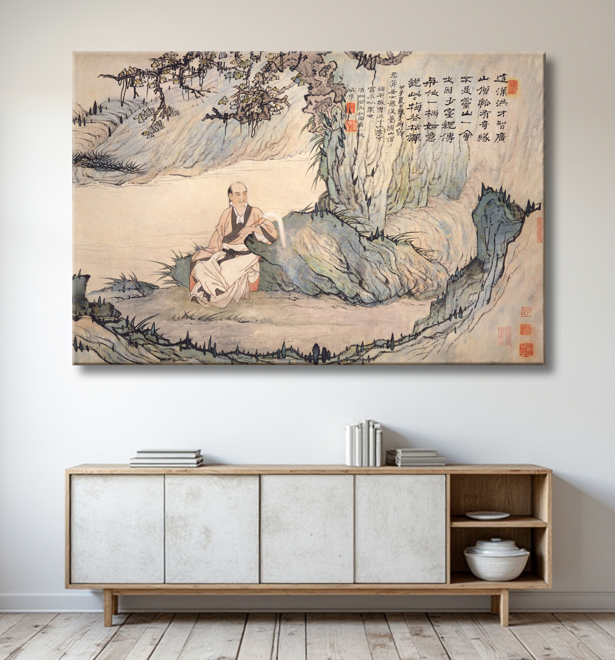 Reproduction Portrait de Ren'an dans un paysage de Shitao (Zhu Ruoji) avec decor