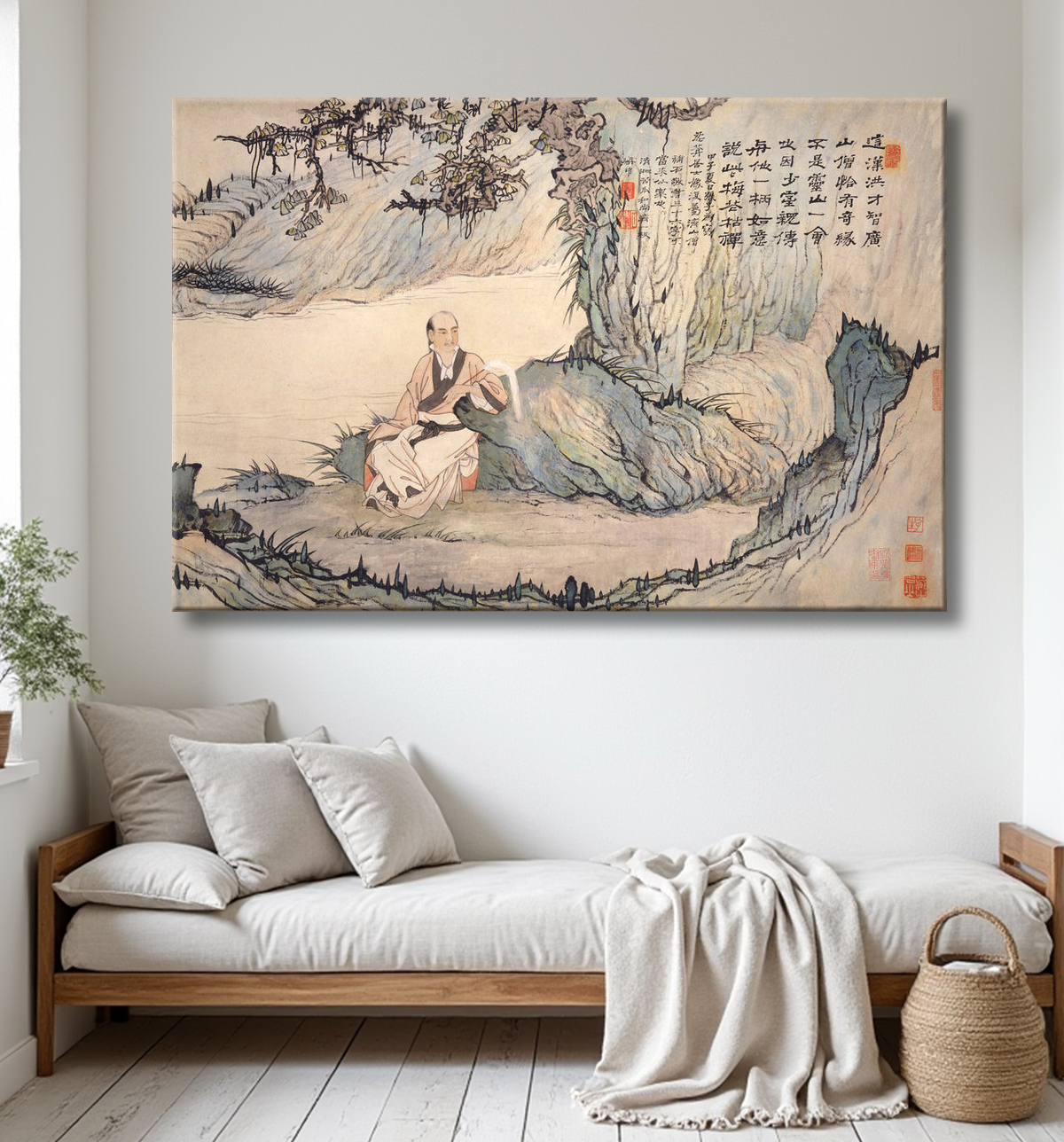 Reproduction Portrait de Ren'an dans un paysage de Shitao (Zhu Ruoji) avec decor