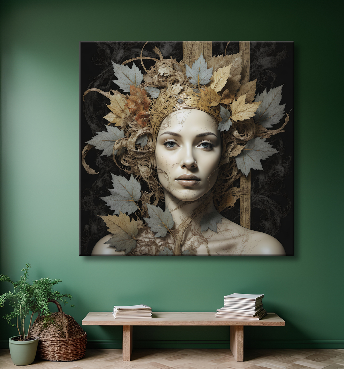 Tableau portrait féminin mystique et végétal avec decor