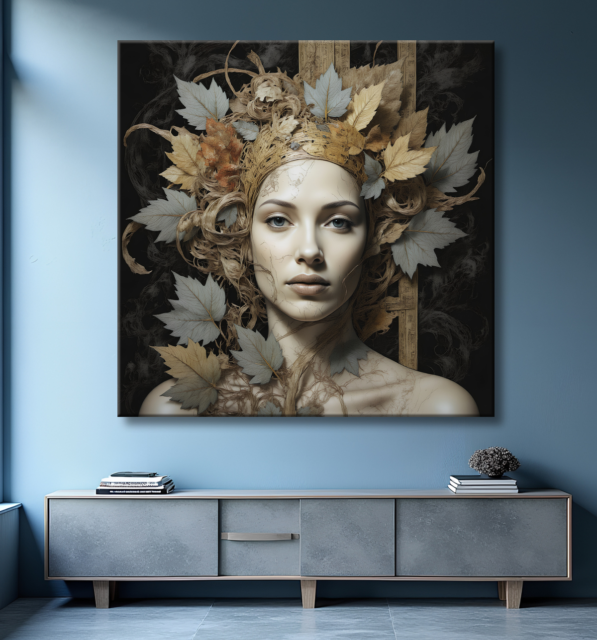Tableau portrait féminin mystique et végétal avec decor