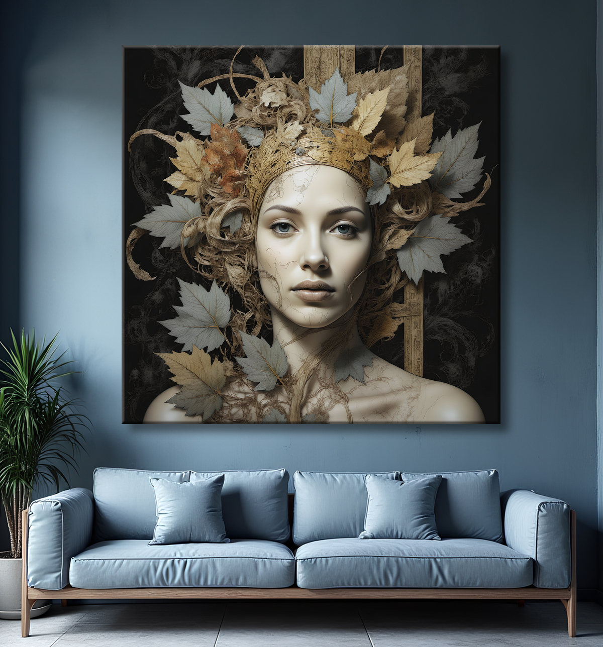 Tableau portrait féminin mystique et végétal avec decor
