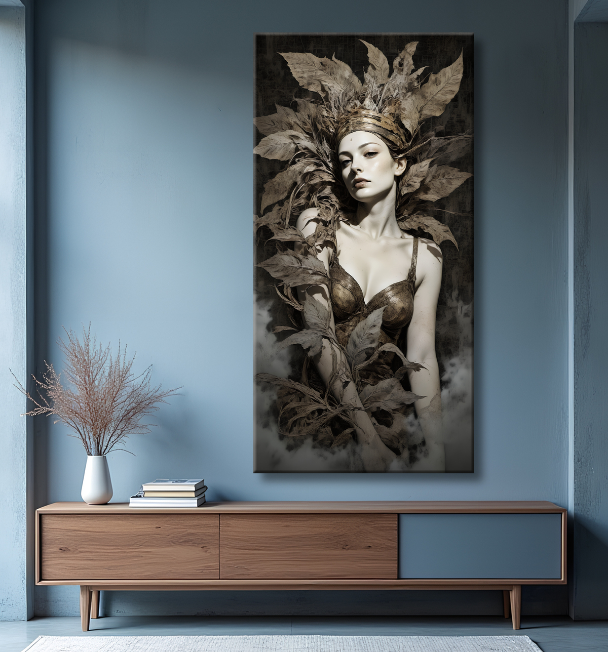 Tableau portrait féminin mystique et végétal avec decor
