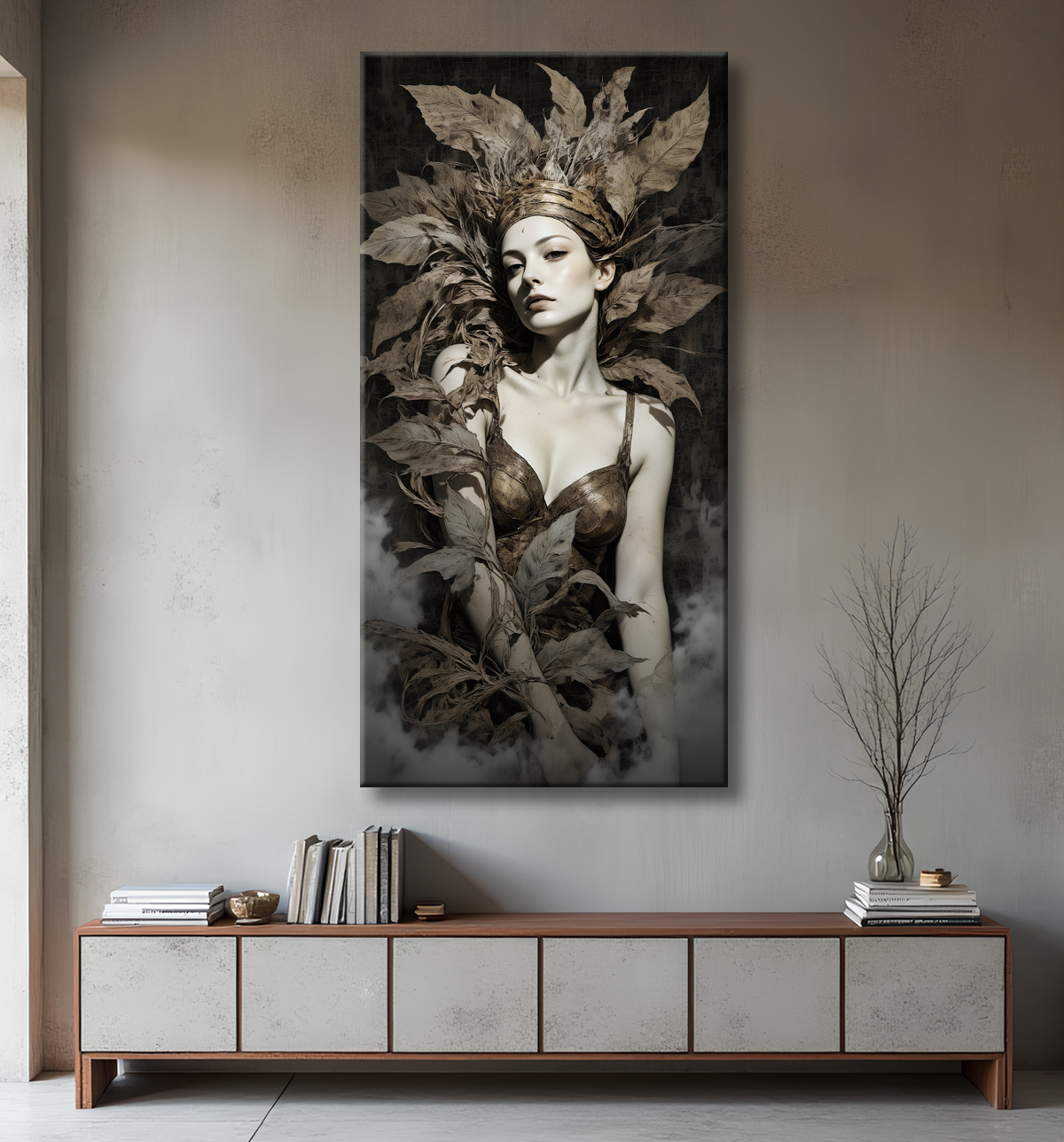 Tableau portrait féminin mystique et végétal avec decor