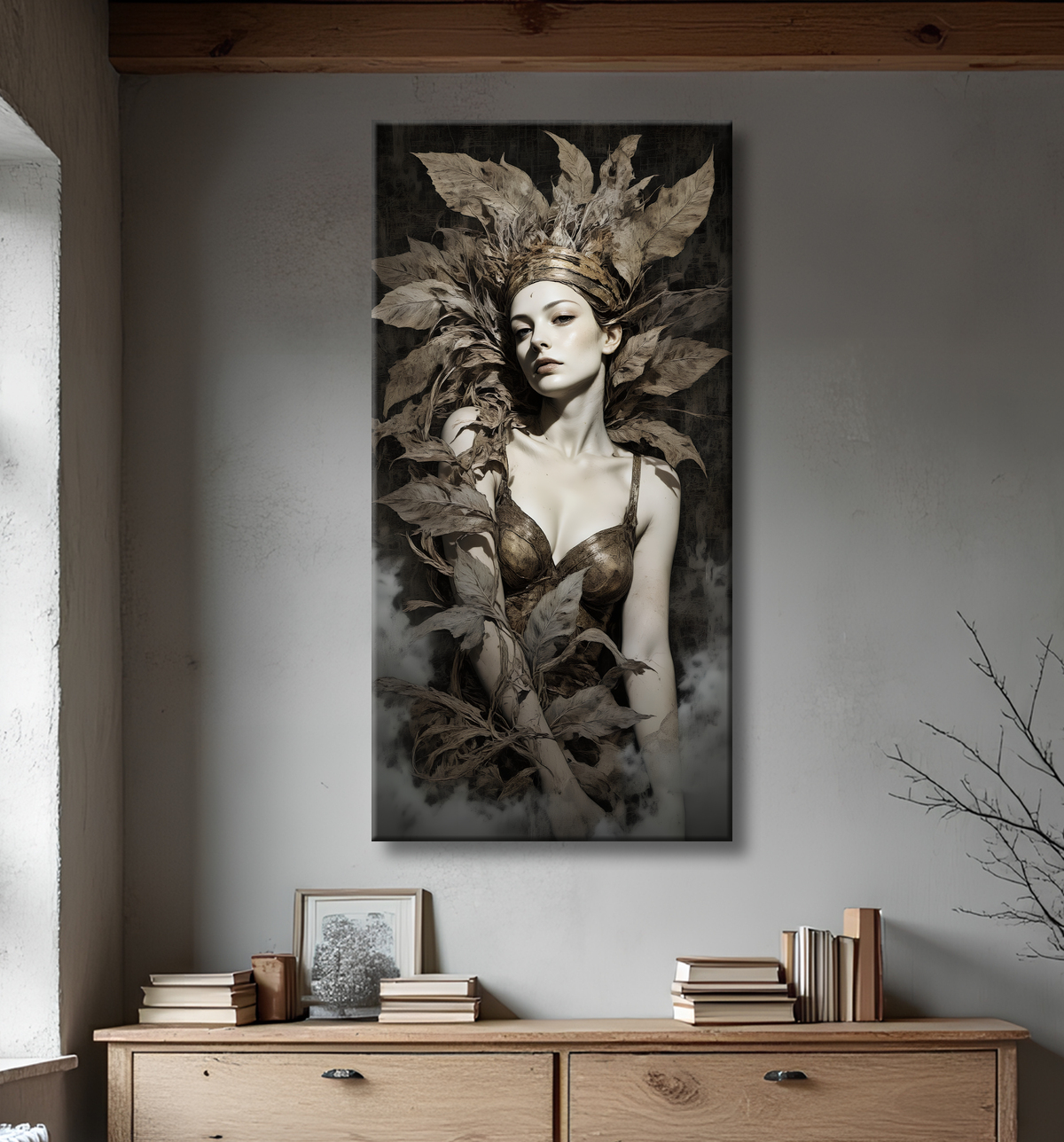 Tableau portrait féminin mystique et végétal avec decor