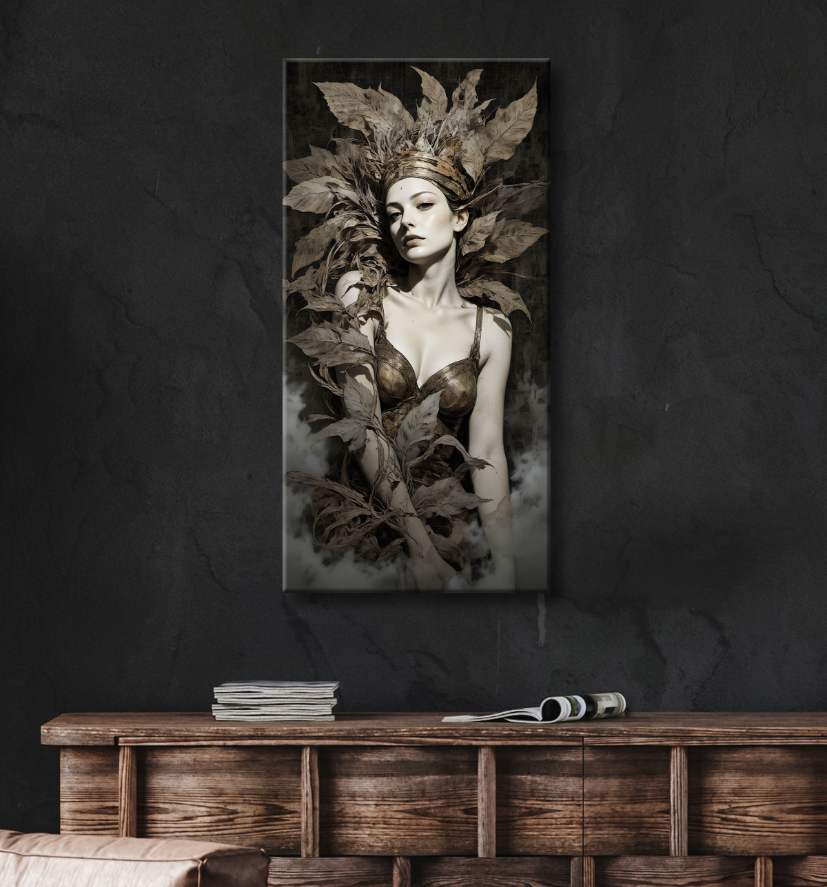 Tableau portrait féminin mystique et végétal avec decor