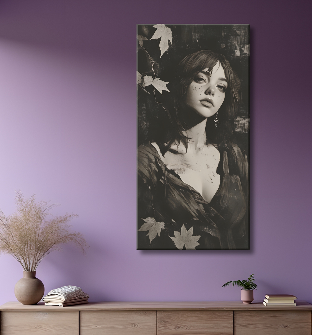 Tableau portrait féminin mystique et végétal avec decor