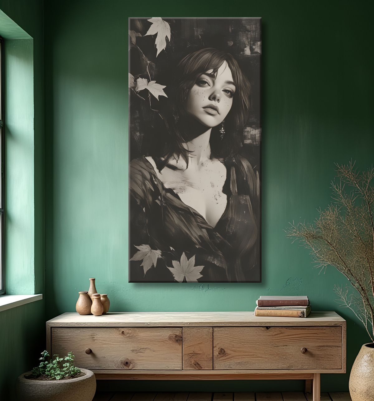 Tableau portrait féminin mystique et végétal avec decor