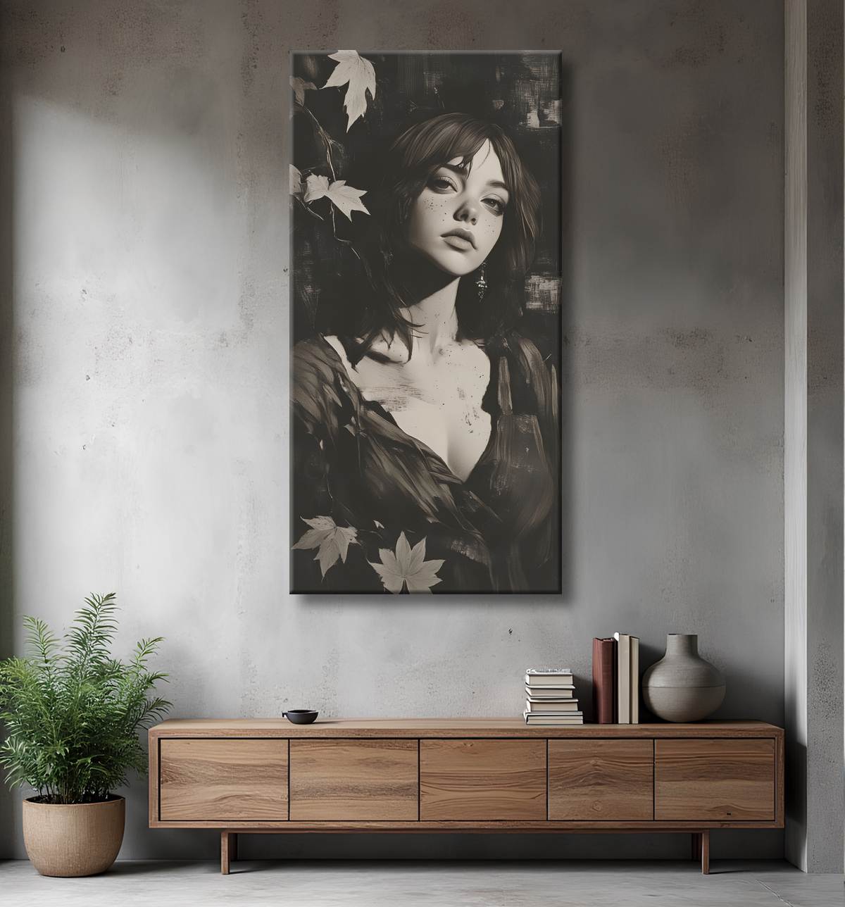 Tableau portrait féminin mystique et végétal avec decor