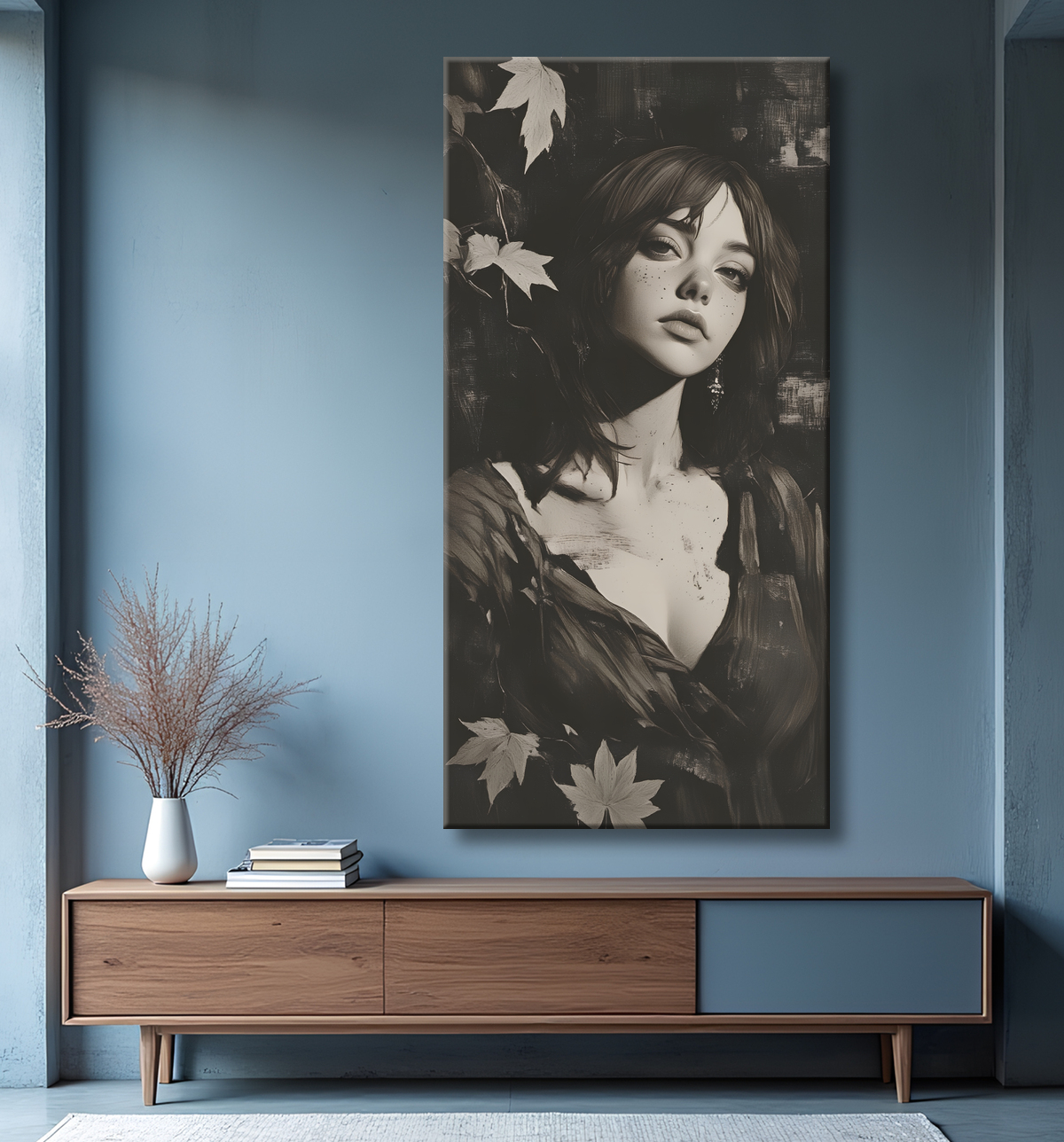Tableau portrait féminin mystique et végétal avec decor