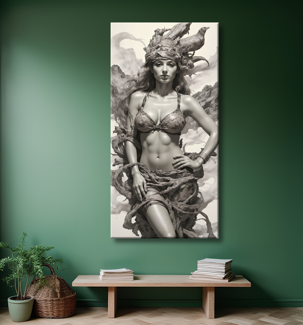 Tableau portrait féminin mystique et végétal avec decor