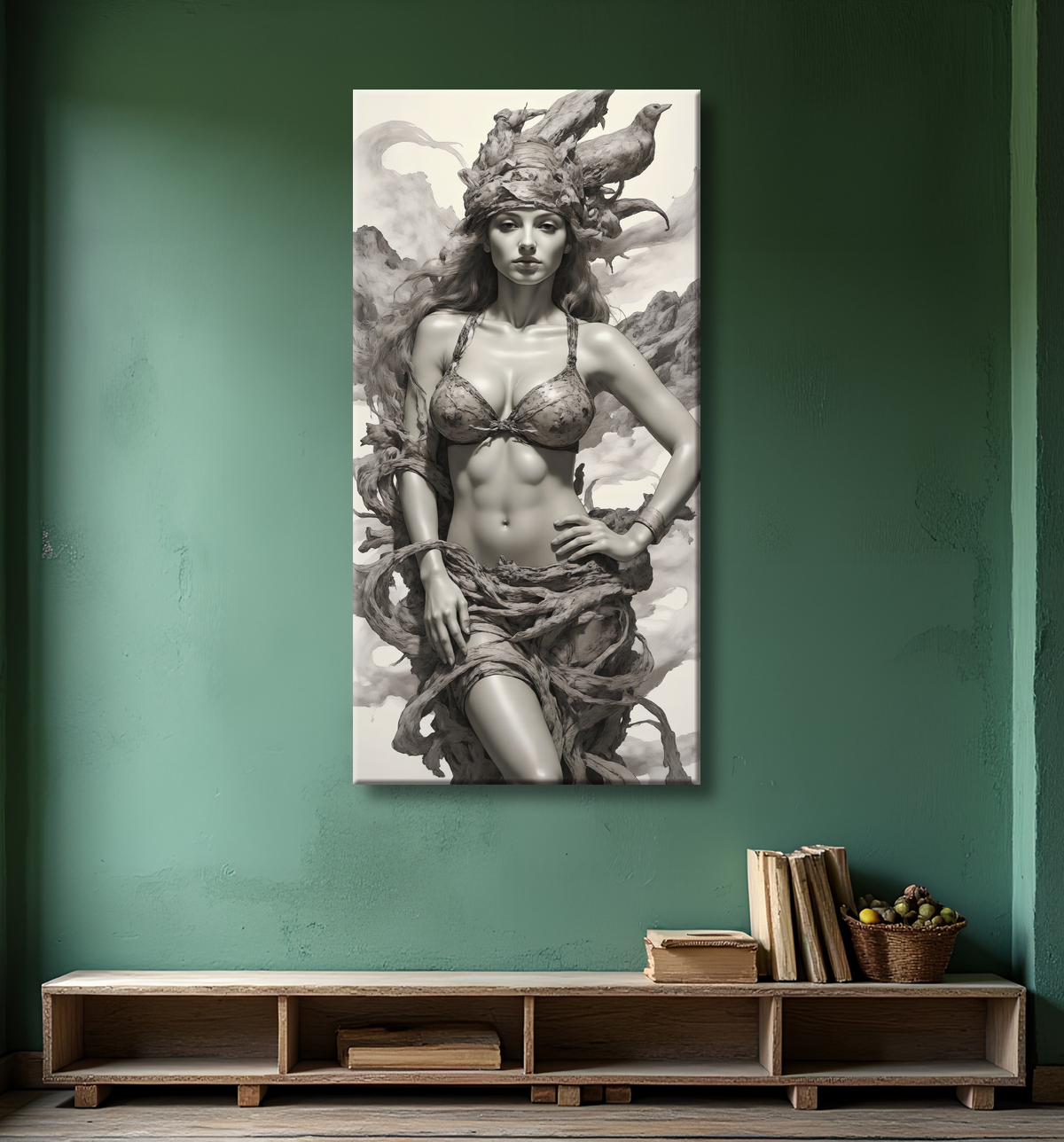 Tableau portrait féminin mystique et végétal avec decor