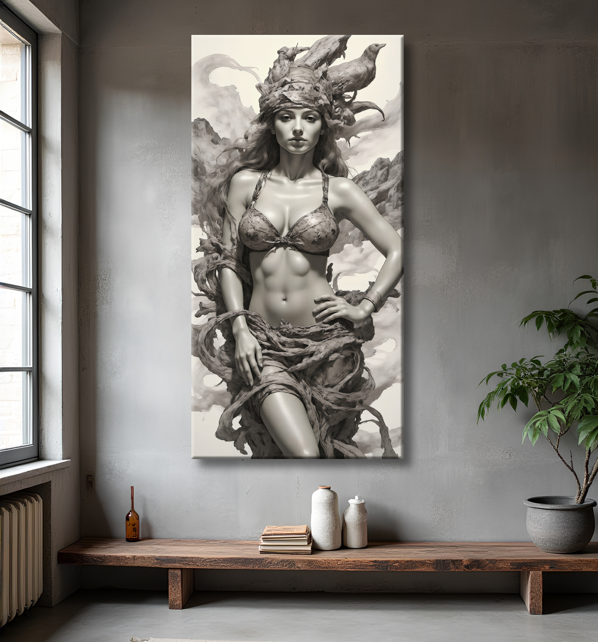 Tableau portrait féminin mystique et végétal avec decor