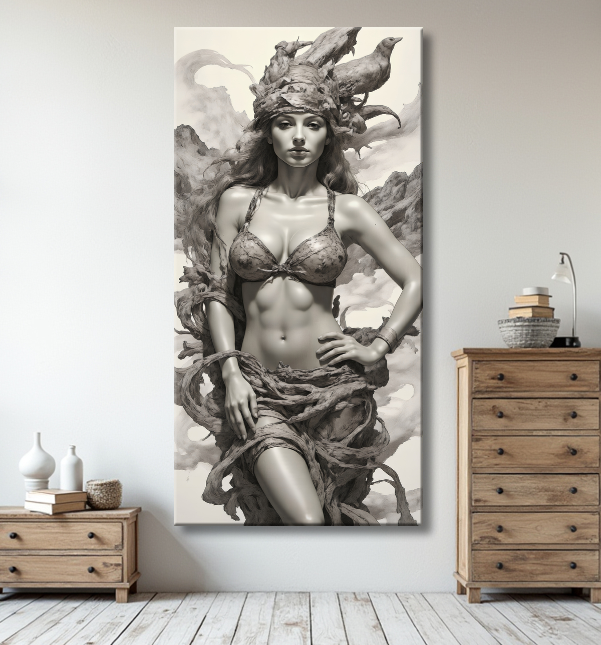 Tableau portrait féminin mystique et végétal avec decor