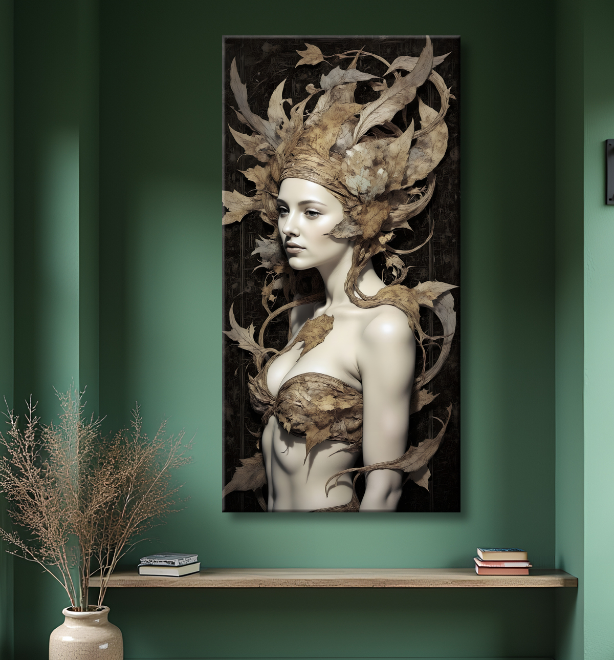 Tableau portrait féminin mystique et végétal avec decor