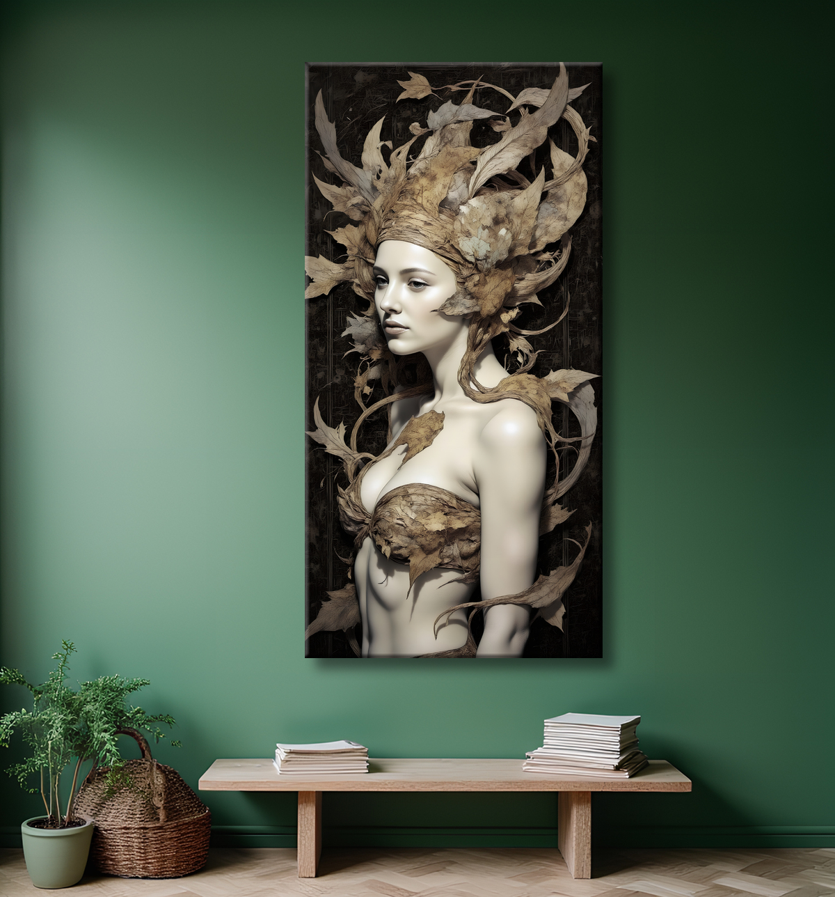 Tableau portrait féminin mystique et végétal avec decor