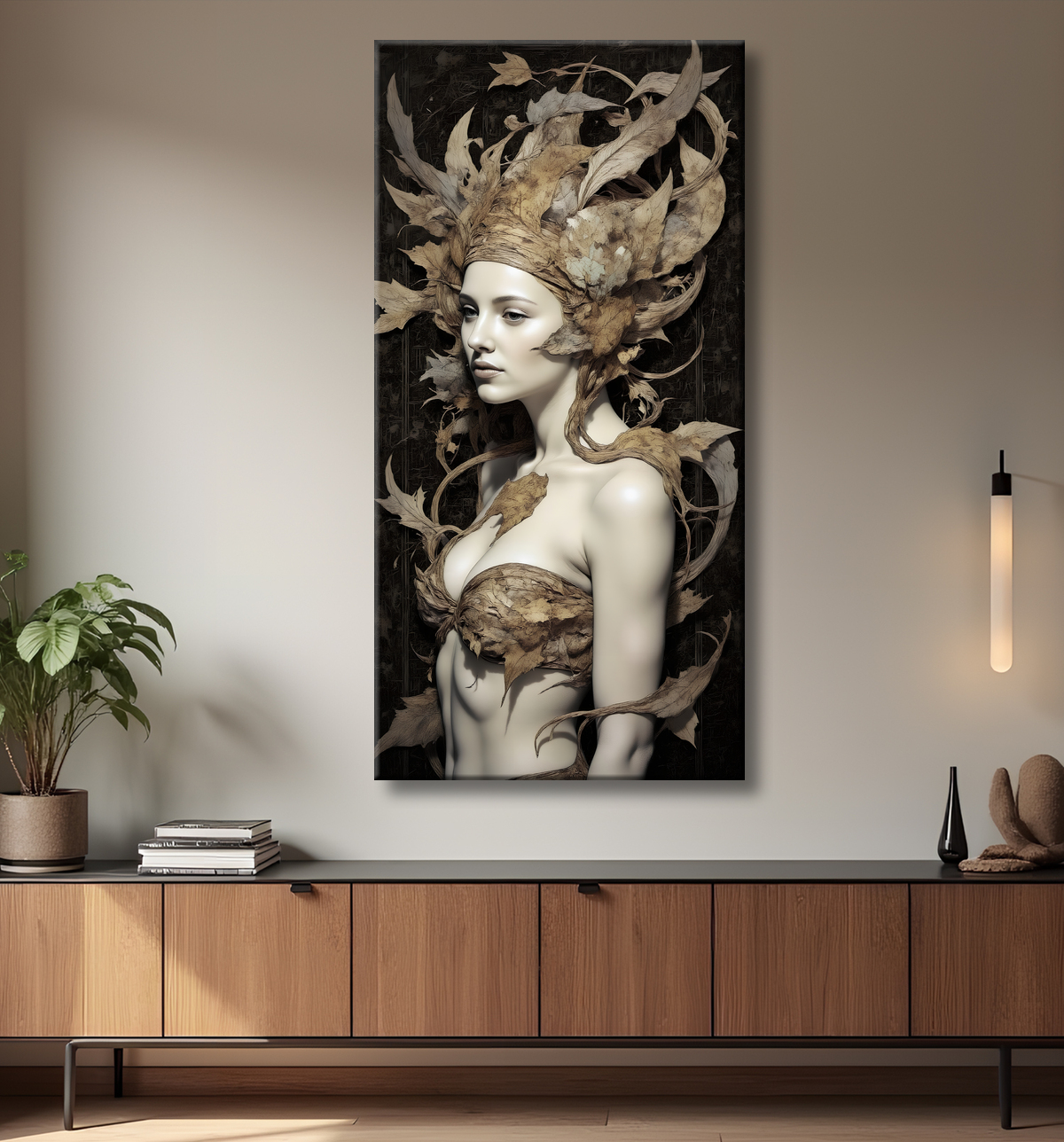 Tableau portrait féminin mystique et végétal avec decor