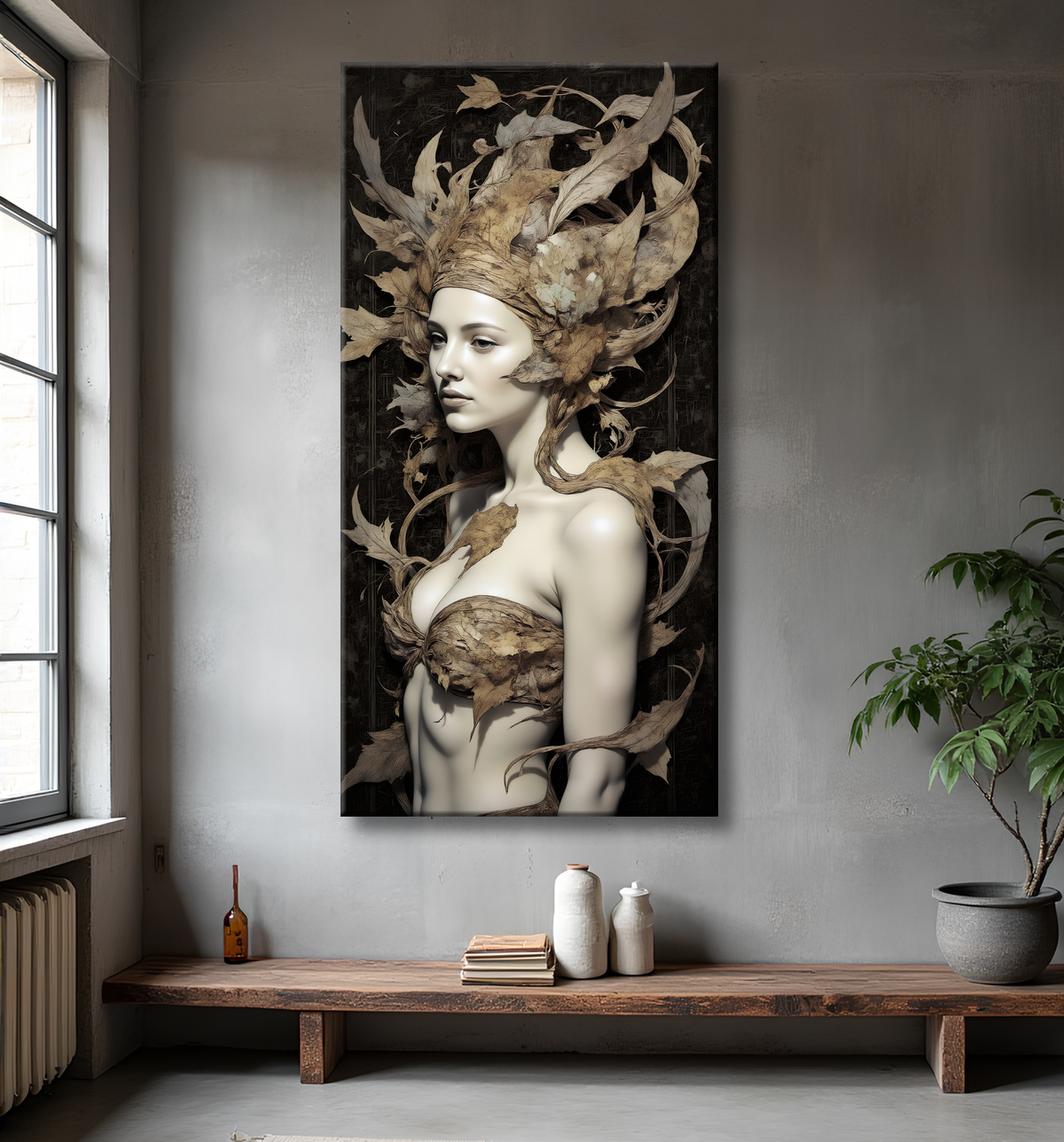 Tableau portrait féminin mystique et végétal avec decor