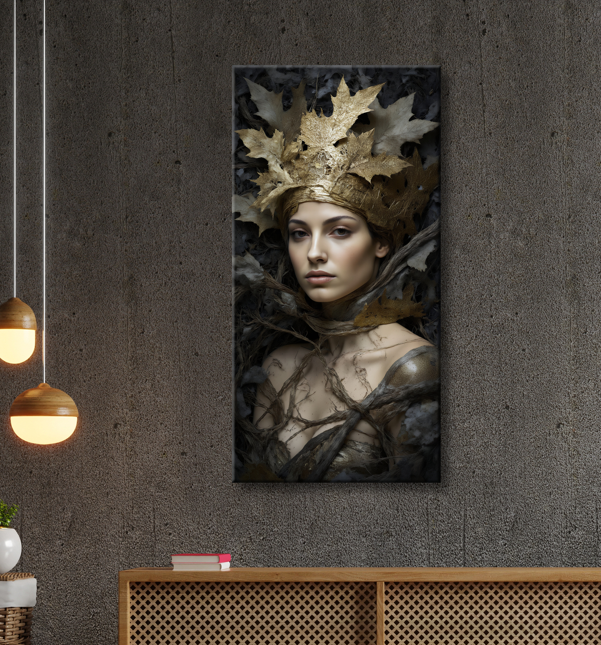 Tableau portrait féminin mystique et végétal avec decor