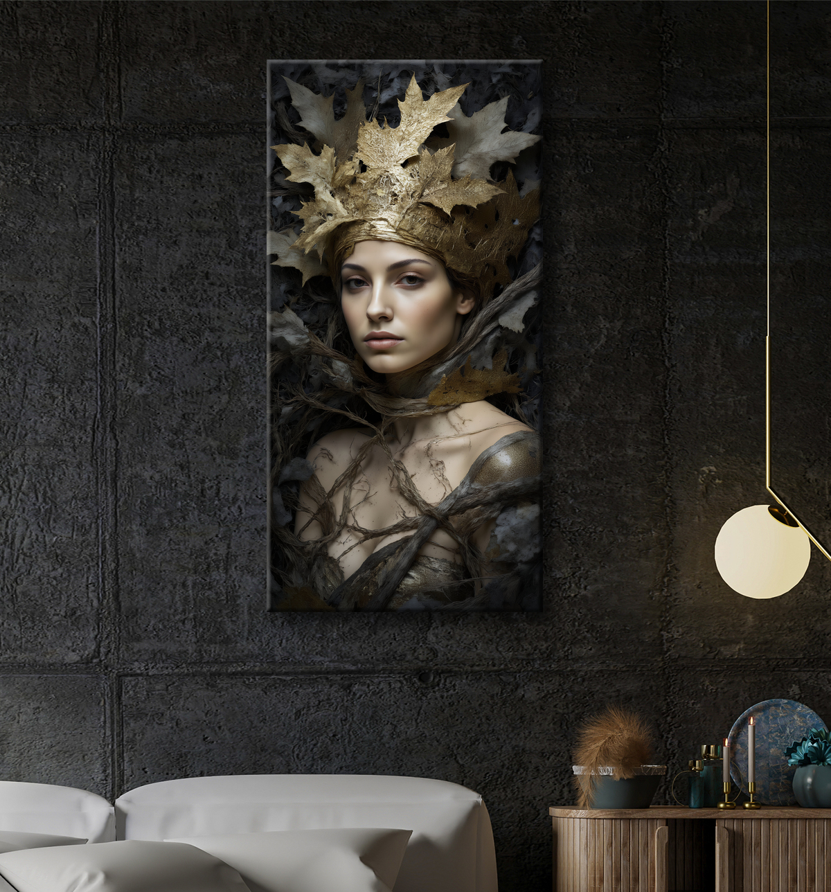 Tableau portrait féminin mystique et végétal avec decor